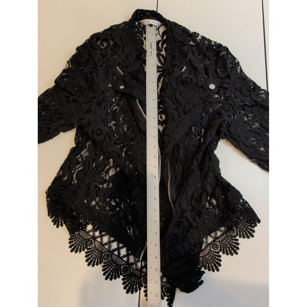 Peter Nygard Black Floral Lace Moto Jacket Womens Open Front Zip Trim Boho - Picture 6 of 10